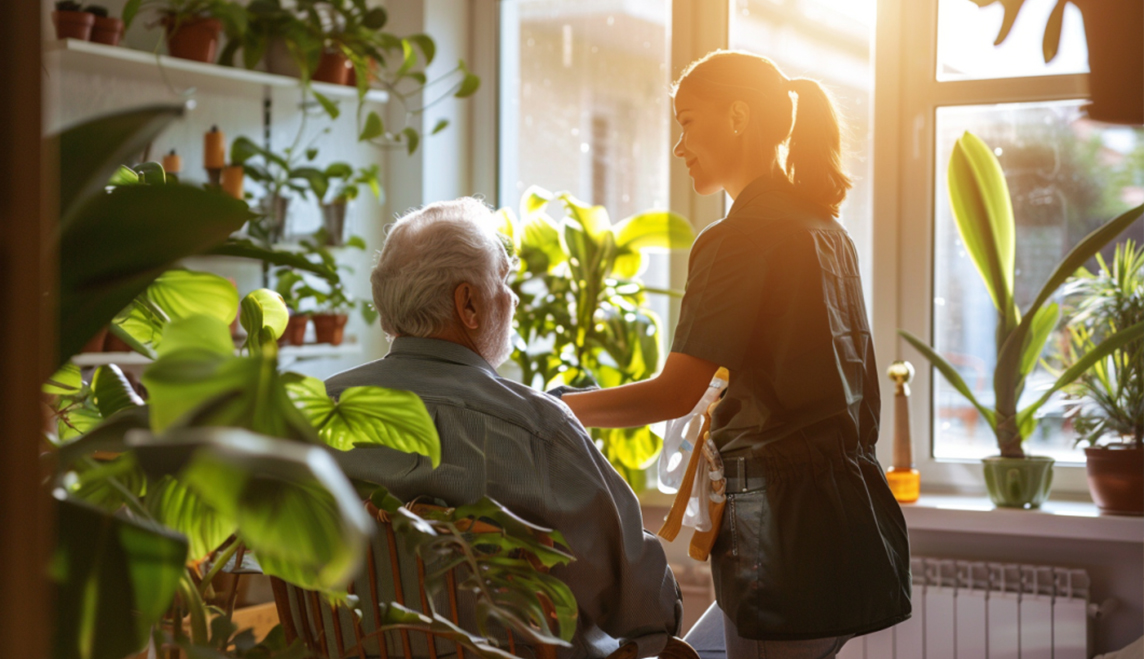 Caregiver helping an elderly man in a wheelchair.